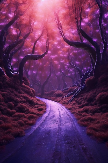 Photo beautiful enchanted forest aerial cinematic winding bright purple roadway ai generative