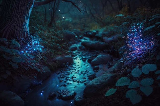 Beautiful enchanted forest illuminated at night by bioluminescence trees rivers plants Digital painting