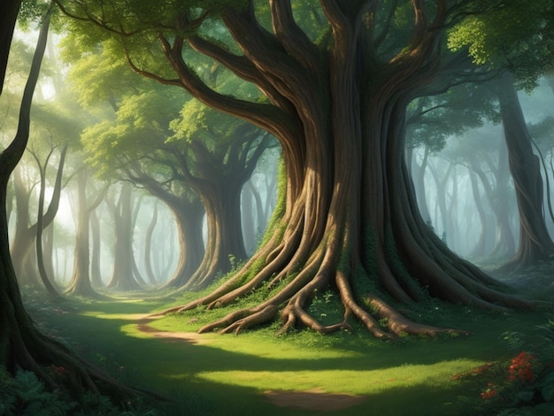 美しい魔法の森 大きな童話の木と素晴らしい植生 デジタル絵画の背景