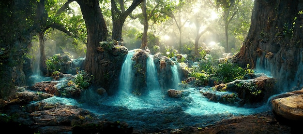 A beautiful enchanted forest with big fairytale trees waterfall\
and great vegetation digital painting background illustration