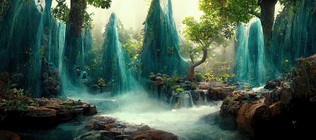 A beautiful enchanted forest with big fairytale trees waterfall and great vegetation Digital Painting Background Illustration