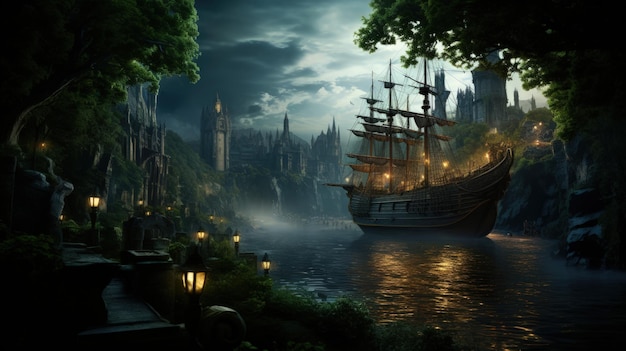 Beautiful Enchanting Fairy Tale Woodland Onto a Castle And a Sailing Ship Generative AI