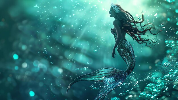 Foto una bella e incantevole sirena con lunghi capelli che scorrono e una coda scintillante nuota graziosamente attraverso l'oceano