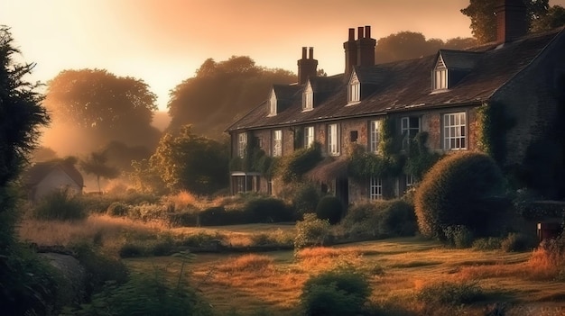 Bellissimo cottage inglese nell'ora d'oro generativa ai