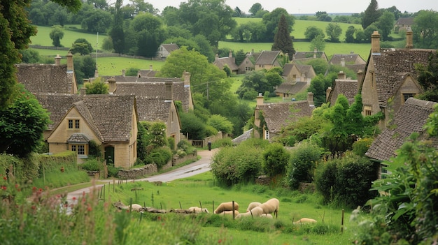 A beautiful English village with stone cottages and a green The village is surrounded by rolling hills and countryside