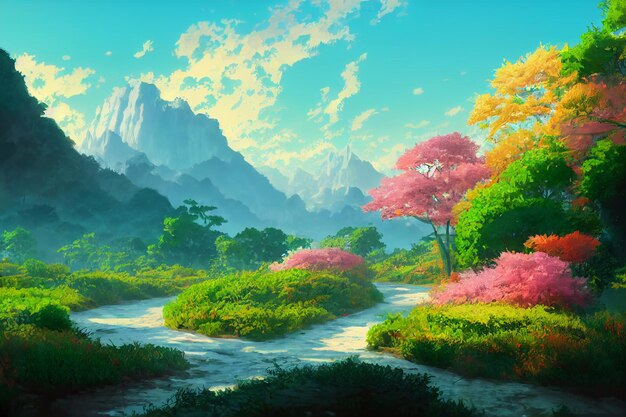 Beautiful Environment Nature Illustration in Anime Art Style Background Image