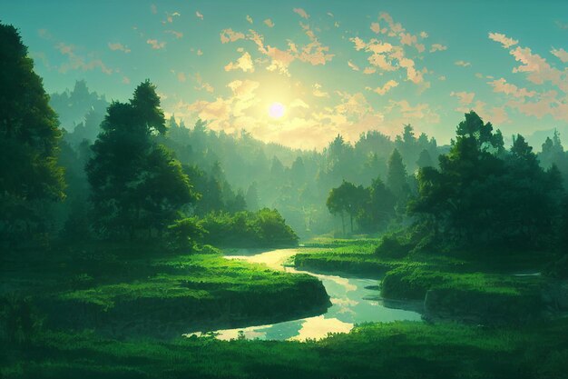 Beautiful Environment Nature Illustration in Anime Art Style Background Image