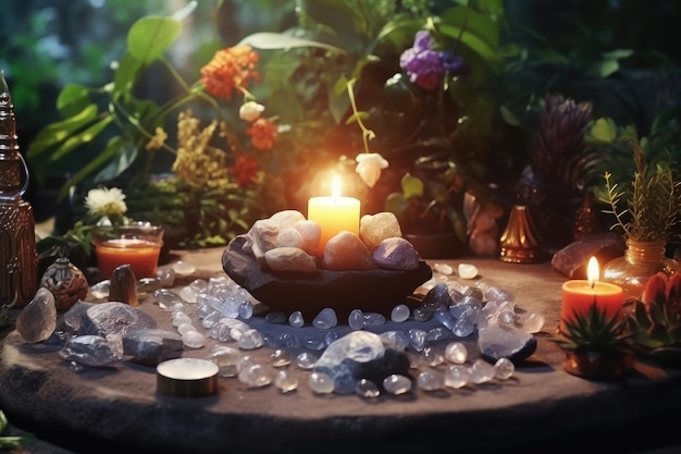 Красивый эзотерический и мистический алтарь для медитации с кристаллами и полудрагоценными камнями Zen Temple Generative AI