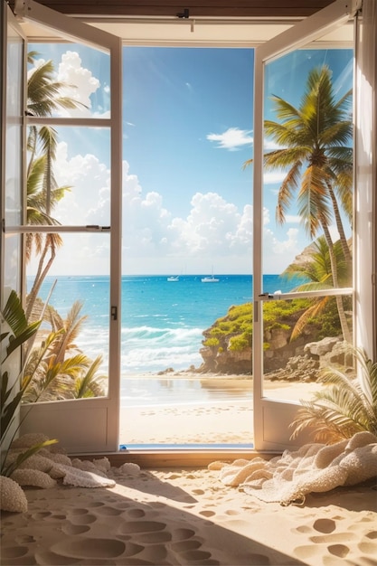 красивая эстетичная пляжная сцена через окно