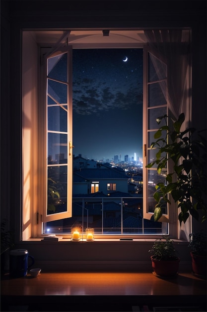 beautiful esthetic night scene through window