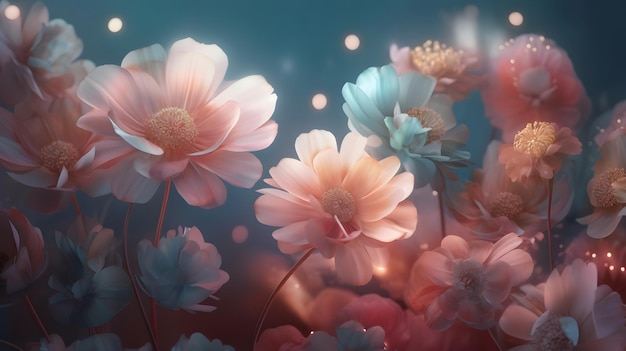 Beautiful ethereal bouquet of glowing translucent flowers in 3D Generative AI