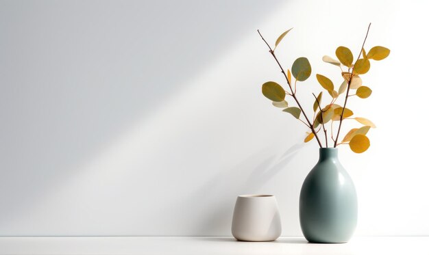 Beautiful eucalyptus flower in ceramic vase on white background Minimalist interior decor with copy space