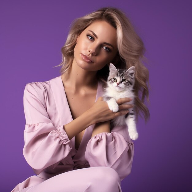 Beautiful european female model relaxing with pet cat