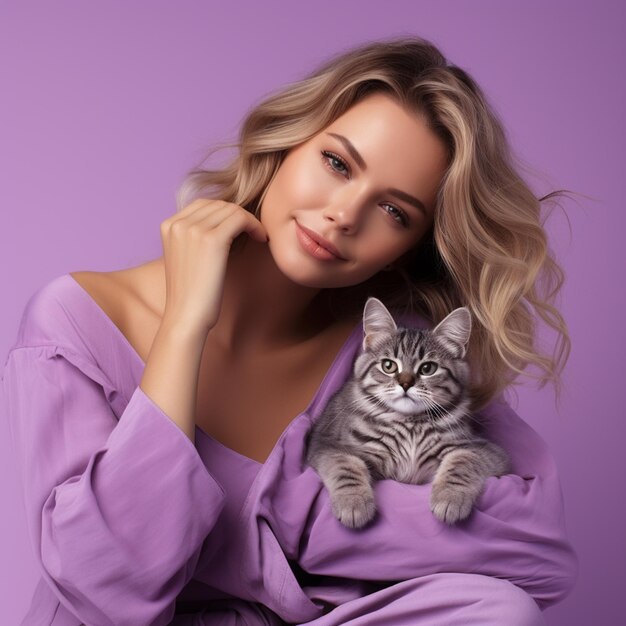 Beautiful european female model relaxing with pet cat