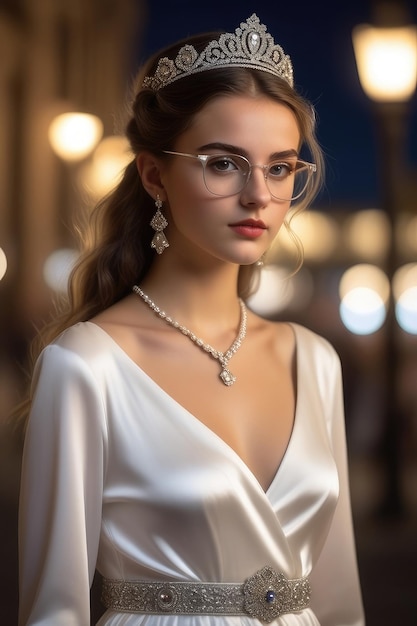 白いドレスのティアラとメガネを着た美しいヨーロッパの女の子が夜 ⁇ 通りに立っています ⁇ 