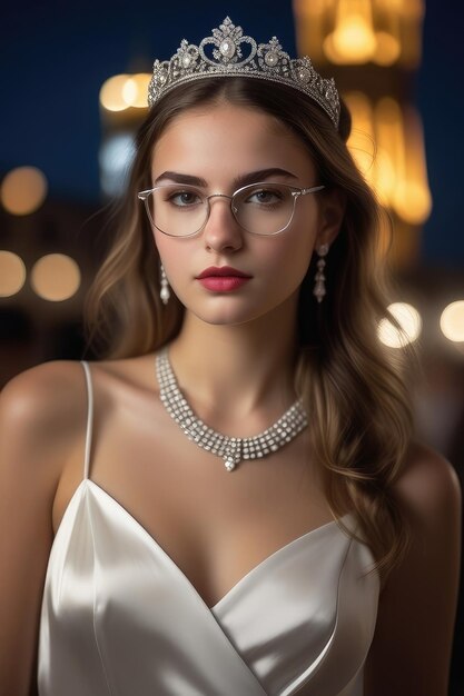 A beautiful European girl in white dress tiara and glasses is standing on street at night