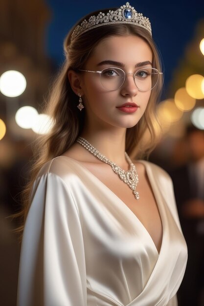 A beautiful European girl in white dress tiara and glasses is standing on street at night