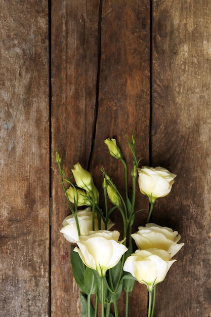 Beautiful eustoma on wooden background