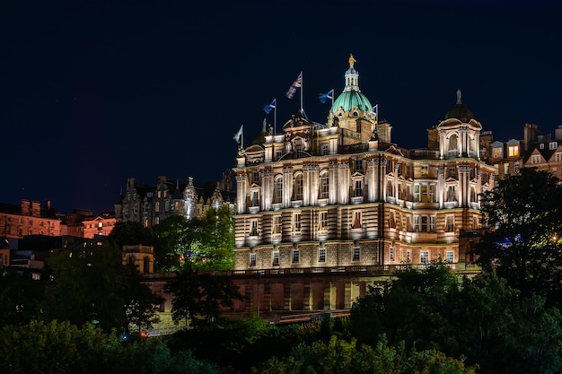 Beautiful evening cityscape of Edinburgh in Scotland night lights