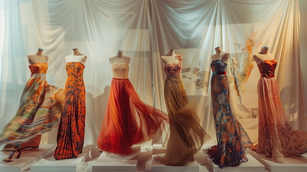 Beautiful evening dresses on mannequins in the shop window