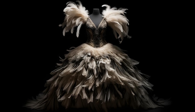 Beautiful evening luxurious dress decorated with feathers on black background