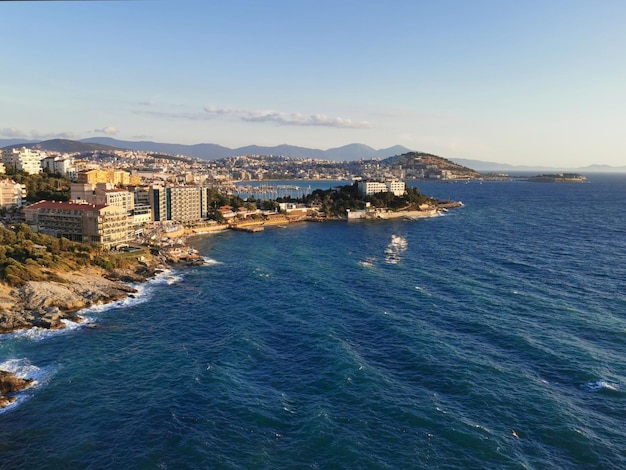 Beautiful evening view of the city and the Aegean Sea from the balcony Turkey Kusadasi