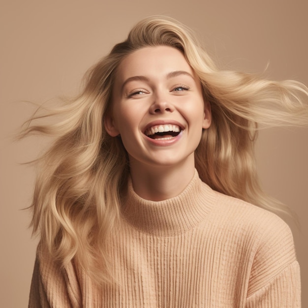 Beautiful Excited Blonde Female Natural Portrait on Beige Background Generative AI