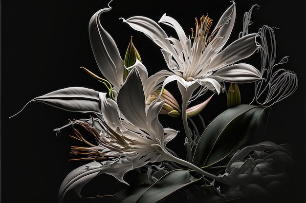 Beautiful exotic black lilies Luxurious flowers and dark ink patterns