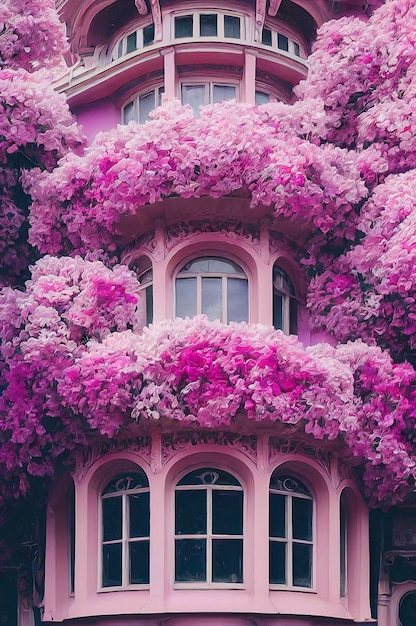 Beautiful exterior of an architecture mansion pink and purple surrounded by flowers