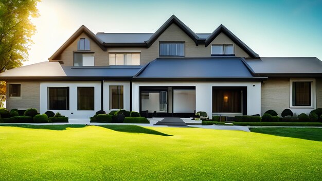 Beautiful exterior of newly built luxury home Has yard with green grass Generative AI