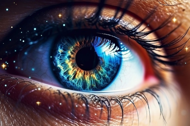 Beautiful extreme closeup of eyes with editing of beautiful universe in space with planets and