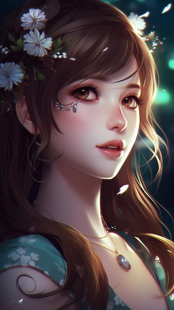 白い花を持つ美しい目を引くアニメの女の子