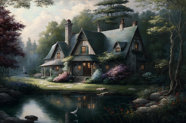 Beautiful fabulous house in a blooming fantasy garden Neural network AI generated art