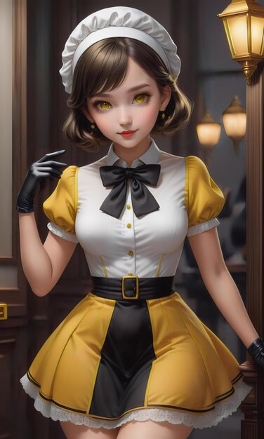 A beautiful face anime girl yellow dress white shirt