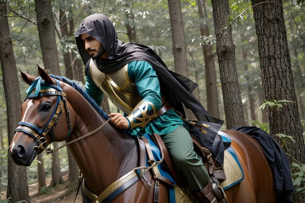 Beautiful face Arabian knight man riding a horse in the forest