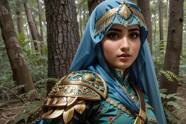 Beautiful face Arabian knight woman fighting the enemy in the forest