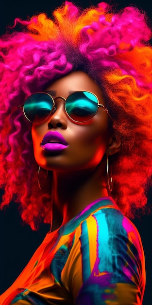 Beautiful face of an attractive African woman with neon lights closeup portrait