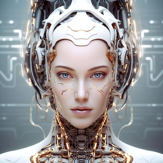 Beautiful face of woman robot with futuristic headwear artificial intelligence Future technology Abstract digital art