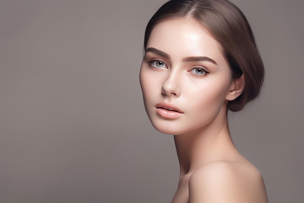 Beautiful face of a young woman with perfect health skin on light background Generative AI