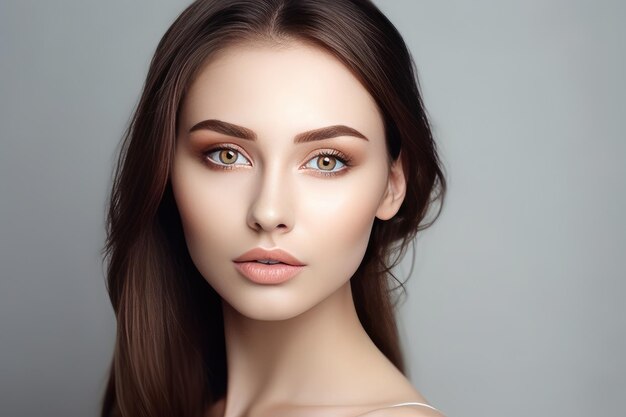 Beautiful face of a young woman with perfect health skin on light background Generative AI