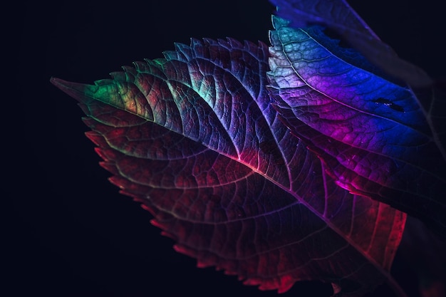 Beautiful faded old leaf in colorful light on a black Minimalism retro style concept Background pa