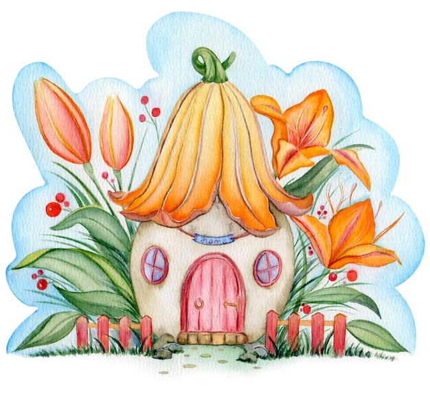 Foto bella casa delle fate lily housesimpatica favolosa illustrazione rosa per l'acquerello dei prodotti per bambini