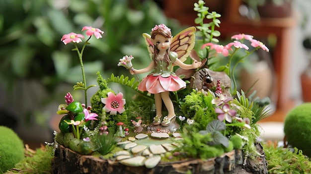 A beautiful fairy stands in a lush garden She is surrounded by colorful flowers and green plants