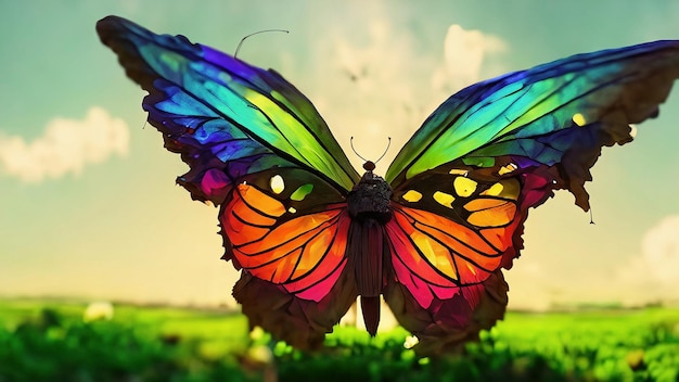 아름다운 요정 날개 판타지 추상 페인트 컬러푸 나비가 정원에 앉아 있다