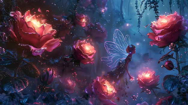輝くピンクの翼を持つ美しい妖精は赤いバラの魔法の庭を飛びますバラは柔らかいピンク色の光に照らされています