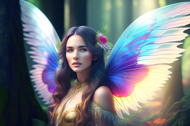 Beautiful fairy with translucent wings in a magical forest Nonexistent person