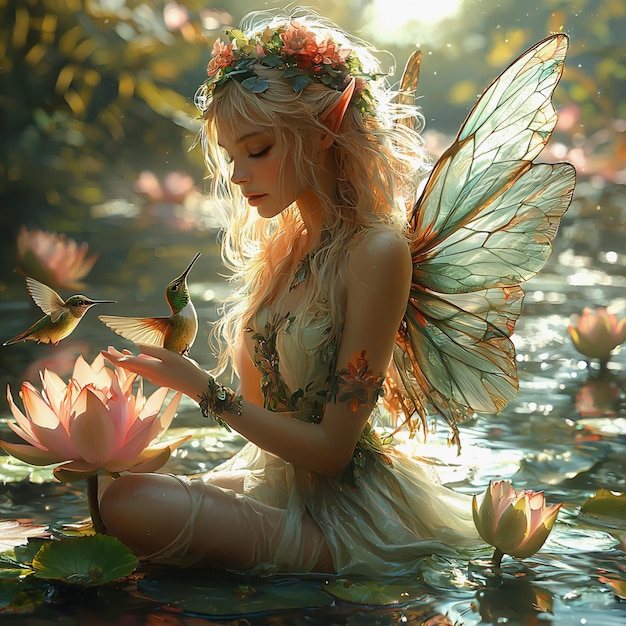 beautiful fairy with wings sitting on lotus flowers in a magical scene