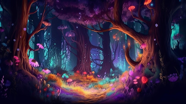 A beautiful fairytale enchanted forest at night made of glittering crystals with trees and colorful vegetation Generate Ai