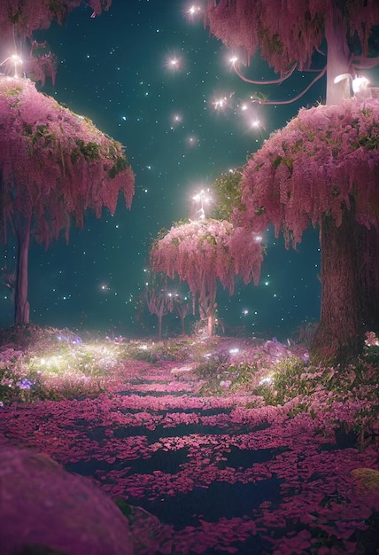 A beautiful fairytale enchanted forest at night with moonlight big trees and pink vegetation