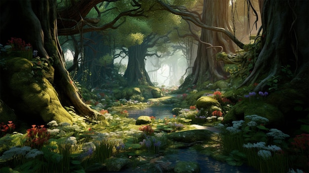사진 큰 나무가 있는 아름다운 동화 마법의 숲 디지털 그림 일러스트레이션